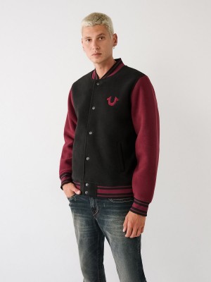 Black/Red True Religion Fleece Varsity Jacket | 5096-KWTQM