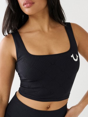 Black True Religion Branded Jacquard Sports Bra Top | 6139-XWCBP