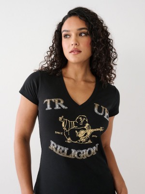 Black True Religion Crystal Buddha V T Shirts | 7501-BTSZQ