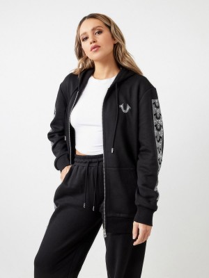 Black True Religion Crystal Horseshoe Boyfriend Zip Hoodie | 5039-VJAUE