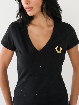 Black True Religion Crystal Horseshoe Logo V Neck T Shirts | 6578-RDOLE