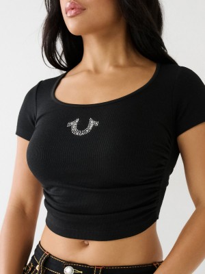 Black True Religion Crystal Horseshoe Ruched Crop T Shirts | 5206-ZUIOD