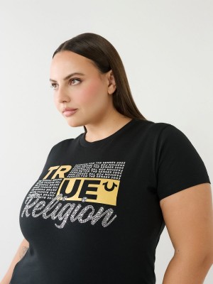 Black True Religion Crystal Logo T Shirts | 0621-NCQGA