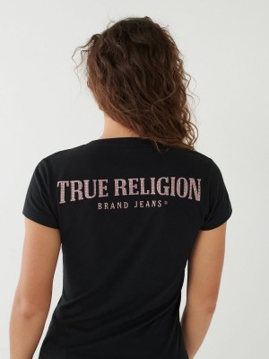 Black True Religion Crystal Logo V T Shirts | 9734-HVQLJ