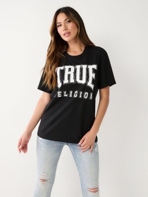 Black True Religion Crystal Relaxed T Shirts | 5930-WVYNG