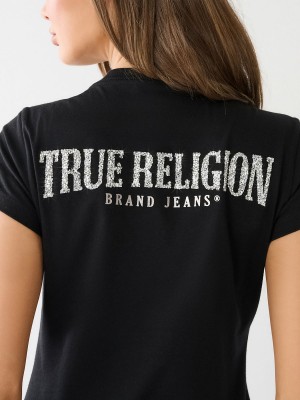 Black True Religion Crystal V Neck Logo T Shirts | 7834-KXDOL