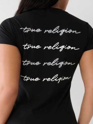 Black True Religion Crystal V T Shirts | 1405-IENXY