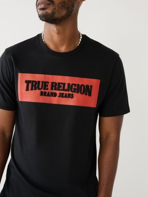 Black True Religion Embossed Arch Logo T Shirts | 2049-MVJPL