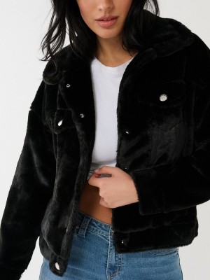 Black True Religion Faux Fur Trucker Jacket | 0156-RGXJF