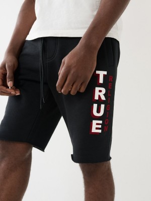 Black True Religion Flocked Logo Fleece Raw Hem Shorts | 7530-HSCKF