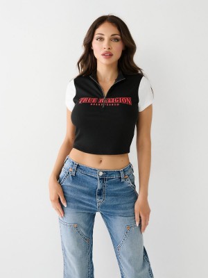 Black True Religion Half Zip Crop Top | 3864-BLJVR