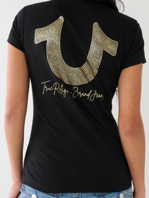 Black True Religion Horseshoe Logo V T Shirts | 1478-UBSEA