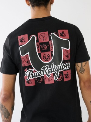 Black True Religion Hs Grid Crew T Shirts | 2931-YWLUH