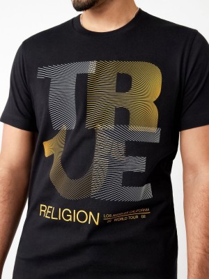 Black True Religion Lined Logo T Shirts | 7512-HSPEN