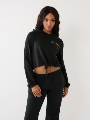 Black True Religion Logo Crop Hoodie | 5401-YQIHU