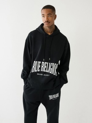 Black True Religion Logo Relaxed Hoodie | 7306-NMRXE