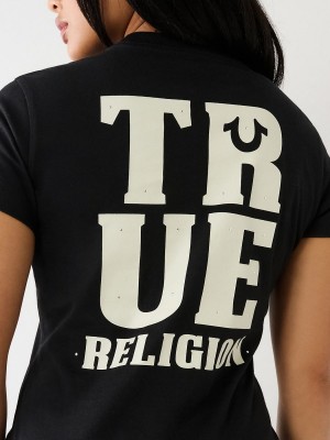 Black True Religion Logo T Shirts | 9812-ZUXNF