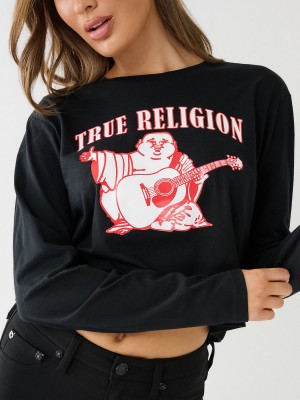 Black True Religion Long Sleeve Logo Crop T Shirts | 9351-KBITO