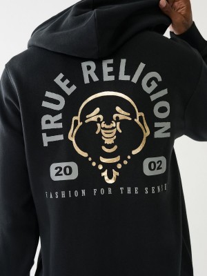 Black True Religion Metallic Buddha 2002 Logo Zip Hoodie | 1478-EOCJZ