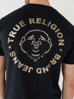 Black True Religion Metallic Buddha Logo Shorts Sleeve T Shirts | 2835-PJGIK