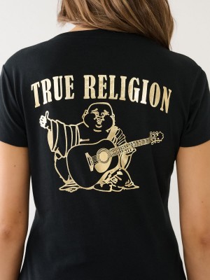 Black True Religion Metallic Buddha Logo V Neck T Shirts | 0862-TVDFB