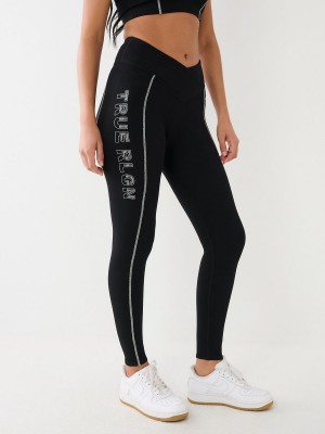 Black True Religion Metallic Logo Rib Leggings | 0918-GWOAH