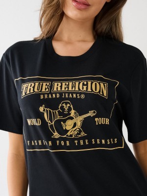 Black True Religion Reflective Buddha Logo Boyfriend T Shirts | 4103-KEZOQ