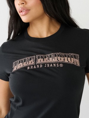 Black True Religion Sequin Arched Logo Slim T Shirts | 7561-SZAHG