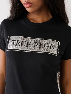 Black True Religion Sequin Logo T Shirts | 1485-IUBCM