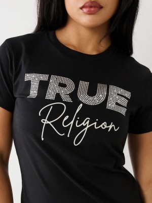 Black True Religion Studded Logo T Shirts | 2139-VHBPS