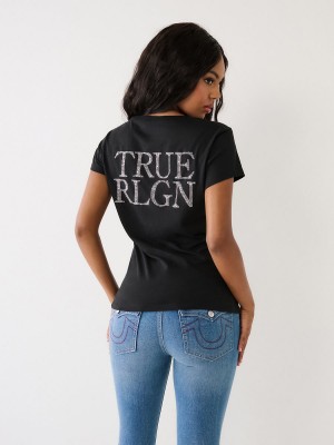 Black True Religion Studded Logo V T Shirts | 0631-EPILA