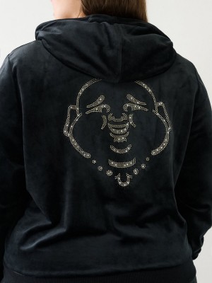 Black True Religion Velour Zip Hoodie | 0246-OLQDA