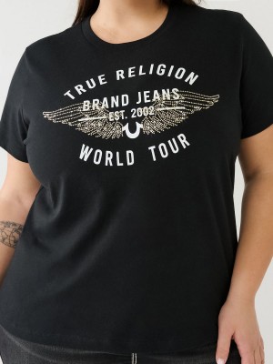 Black True Religion World Tour Retro Crystal Slim Crew Logo T Shirts | 7189-SHOGE