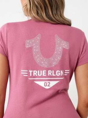 Boysenberry True Religion Crystal Horseshoe Logo V Neck T Shirts | 4962-ZUQJC