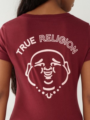 Burgundy True Religion Buddha Logo V T Shirts | 0876-UWLXJ