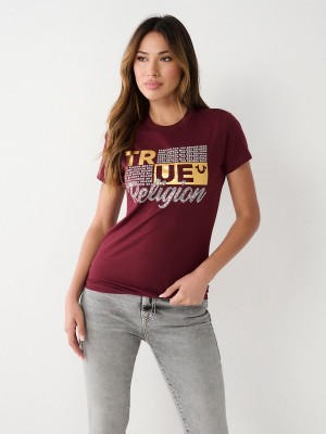 Burgundy True Religion Crystal Logo T Shirts | 6834-CUFNW