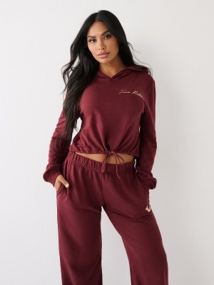 Burgundy True Religion Logo Crop Hoodie | 2195-QOKCB