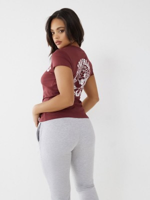 Burgundy True Religion Logo V T Shirts | 3764-EGAJI