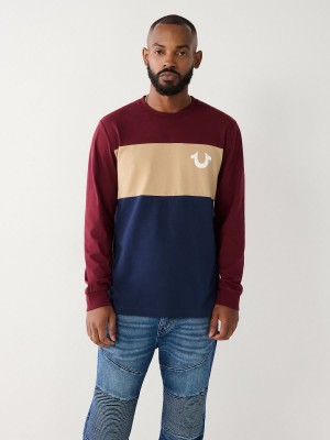 Burgundy True Religion Long Sleeve Color Block T Shirts | 1203-RUKAJ