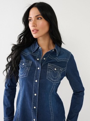 Dark Wash True Religion Chambray Western Shirts | 8526-CQLVN