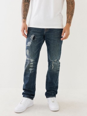 Dark Wash With Rips True Religion Ricky Distressed Flap Straight Jeans | 1983-BSLNG