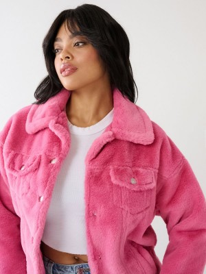 Dusty Pink True Religion Faux Fur Trucker Jacket | 7684-ODMXC