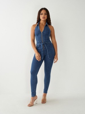 Electric Indigo Wash True Religion Zip Denim Jumpsuits | 0786-VYXAP