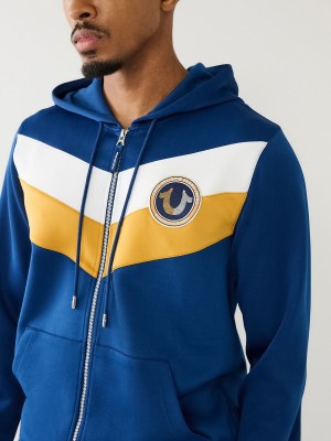 Estate Blue True Religion Logo Patch Zip Hoodie | 4128-HAVRT