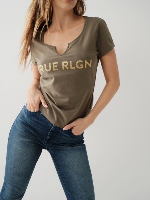 Green True Religion Notch Logo T Shirts | 2534-XVRGM