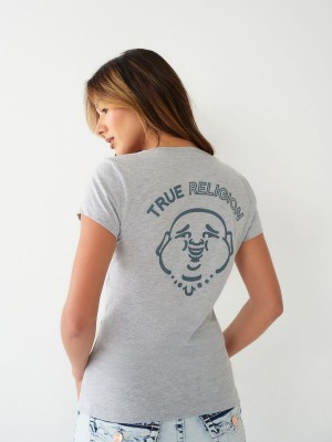 Heather Grey True Religion Buddha Logo V T Shirts | 2067-ZVONT