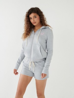 Heather Grey True Religion Crystal Zip Hoodie | 3640-CQDJO