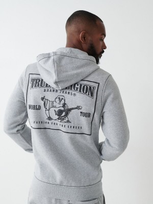 Heather Grey / Jet Black True Religion Big T Zip Hoodie | 2593-QNMXS