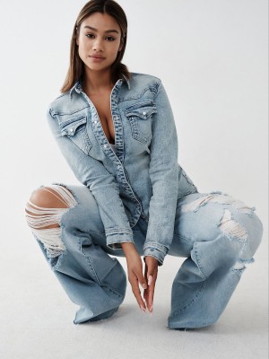 Light Desires Worn True Religion Western Denim Shirts | 6527-ERVMJ