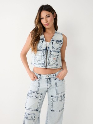 Light Wash True Religion Crop Denim Utility Vest | 8504-QWDFS